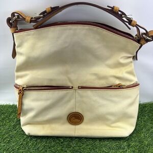 Dooney & Bourke Hobo Khaki Canvas Red Lining Handbag J4174493 Needs Cleaned